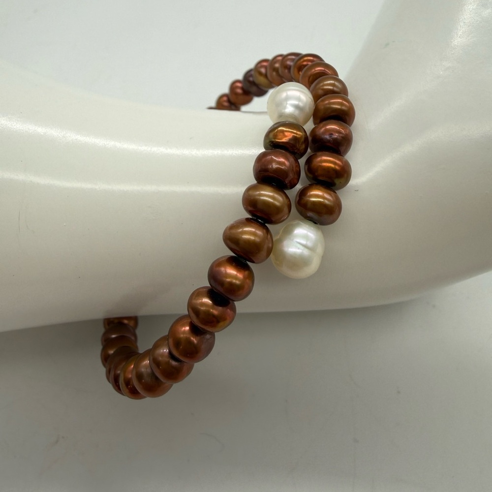 Bronze Metallic Copper Freshwater Pearl Memory Wire Wrap Bracelet‎ One Size Gift